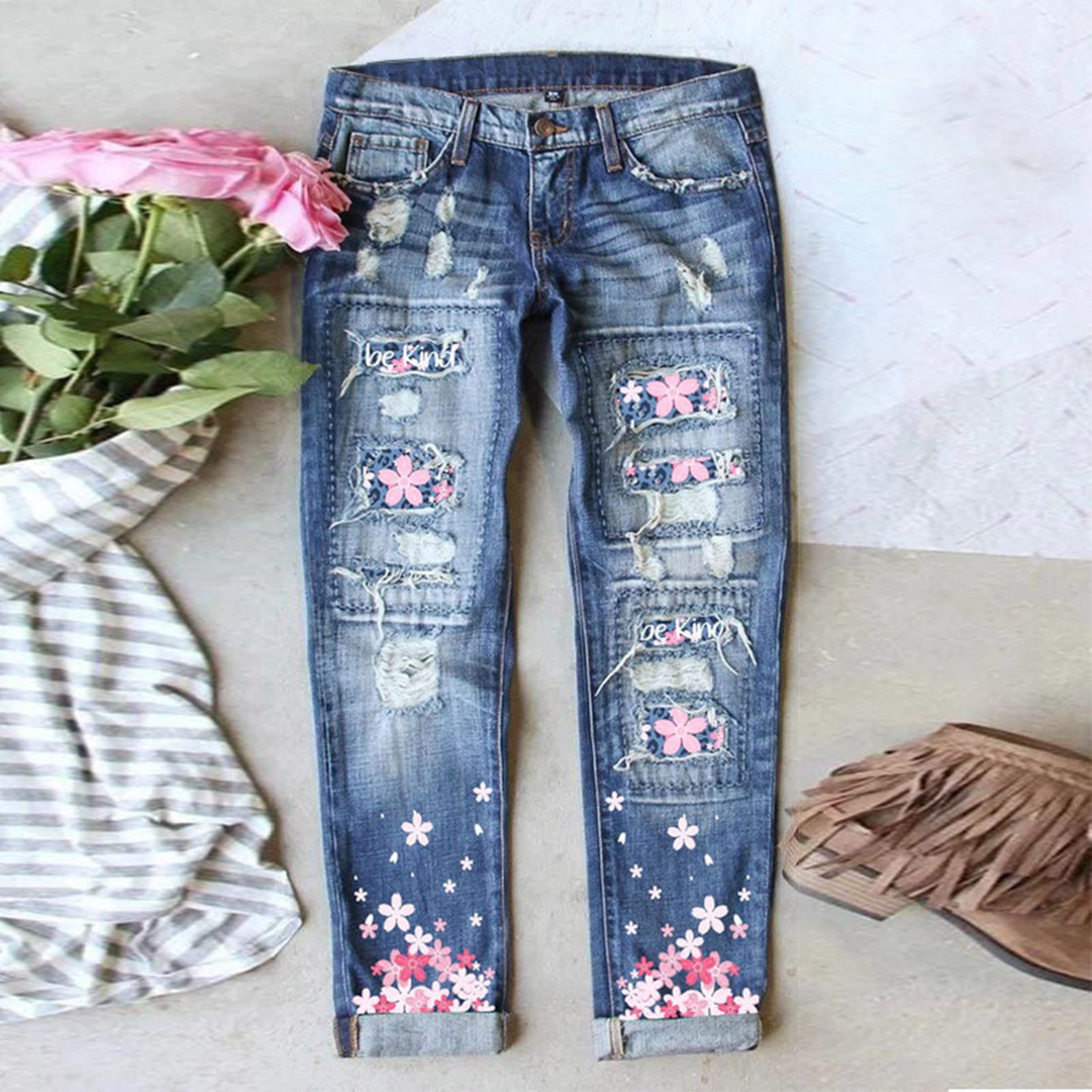 Jeanshosen Damen Bedruckte perforierte gerade Jeanshose