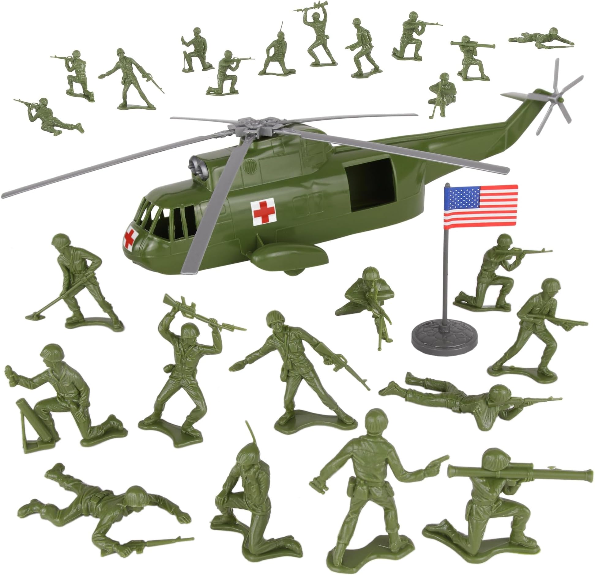TimMee Plastic Army Men HELICOPTER Playset - OD Green 26pc Made in USA