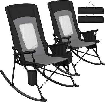 Romswi 2PCS Folding Rocking Camping Chair with Breathable Mesh High Back, Heavy Duty XL Padded Rocker, Portable Outdoor Rocking Chair for Patio, Lawn, Garden, Beach Up tp 400 lbs, Black