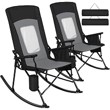 Romswi 2PCS Folding Rocking Camping Chair with Breathable Mesh High Back, Heavy Duty XL Padded Rocker, Portable Outdoor Rocking Chair for Patio, Lawn, Garden, Beach Up tp 400 lbs, Black
