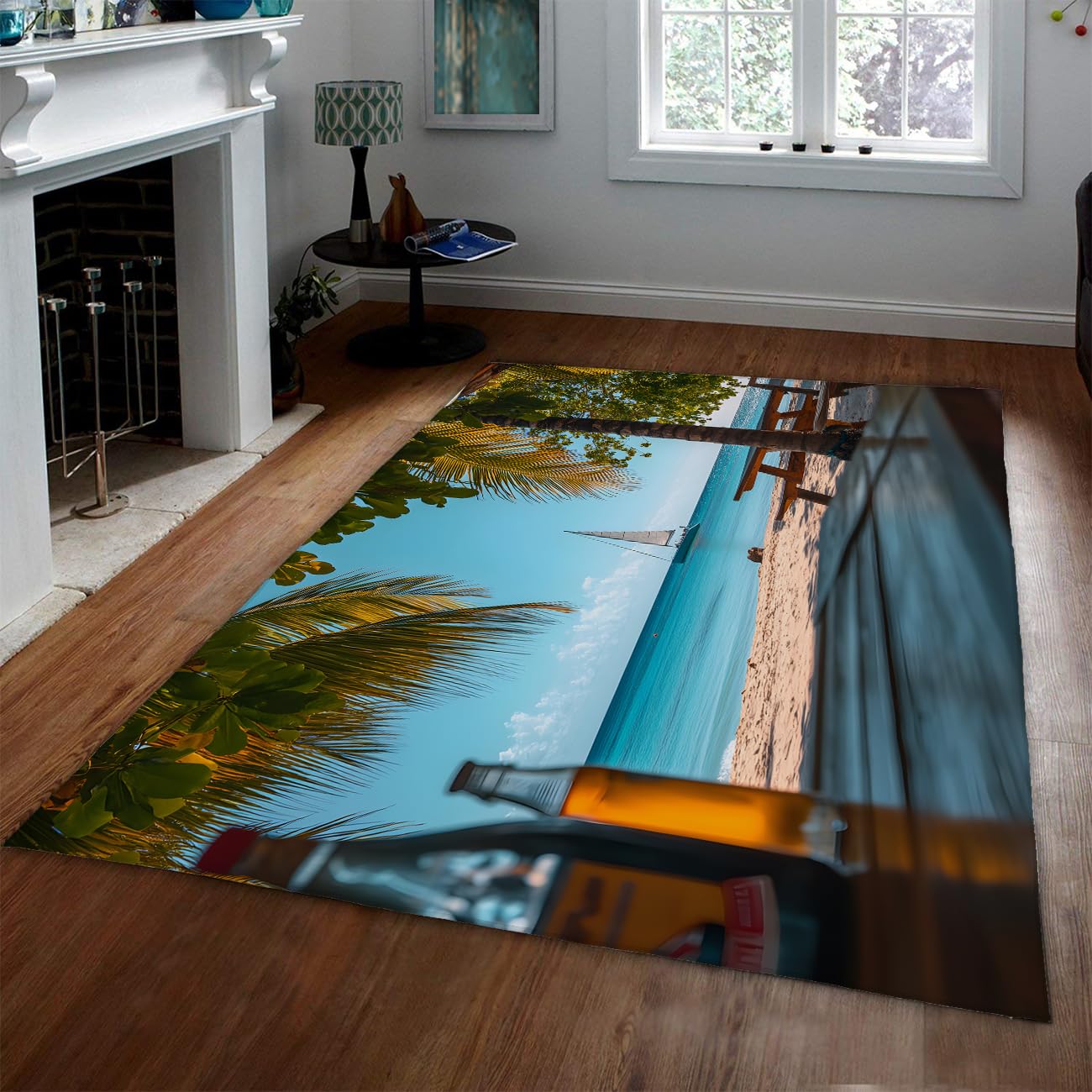 60x90cm Tropischer Strandteppich Steg Palmenblätter Kurzflor