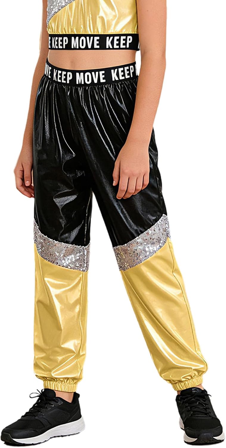 Jugaoge Kids Girls Shiny Metallic Dance Pants Hip Hop Jazz Dance Costume High Elastic Waist Jogger Pants