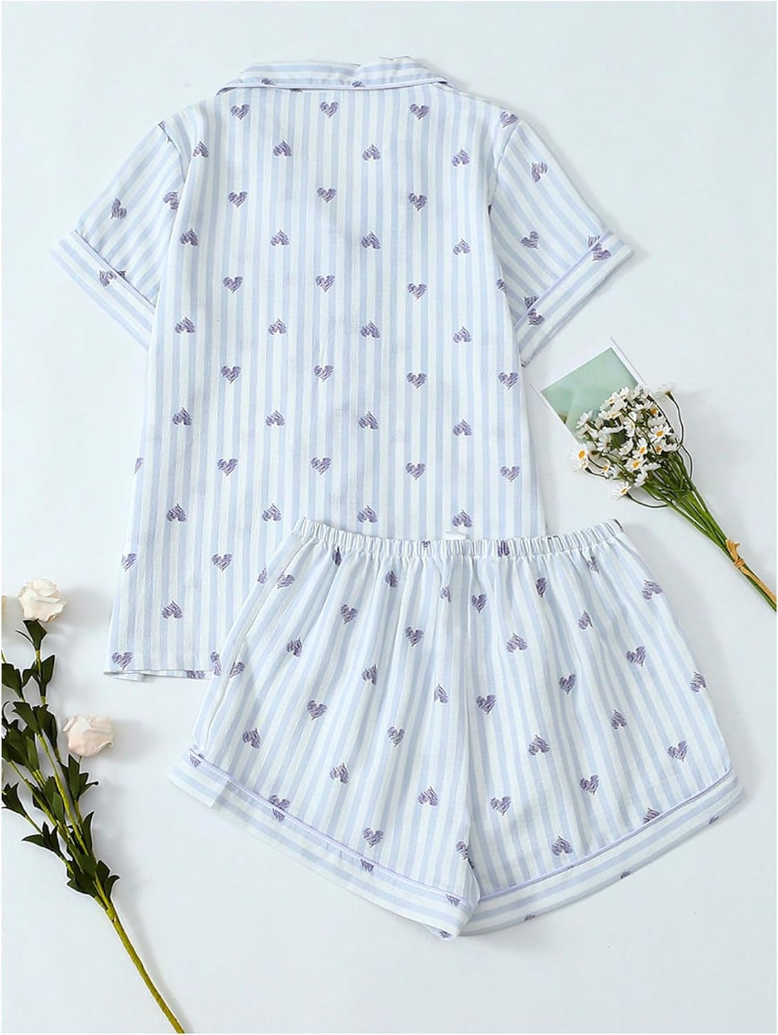 OYOANGLE Women's Striped Heart Print Pajama Set 2 Piece Button Down Sleepwear Short Sleeve Shirt and Shorts Pjs Sets - Image 2