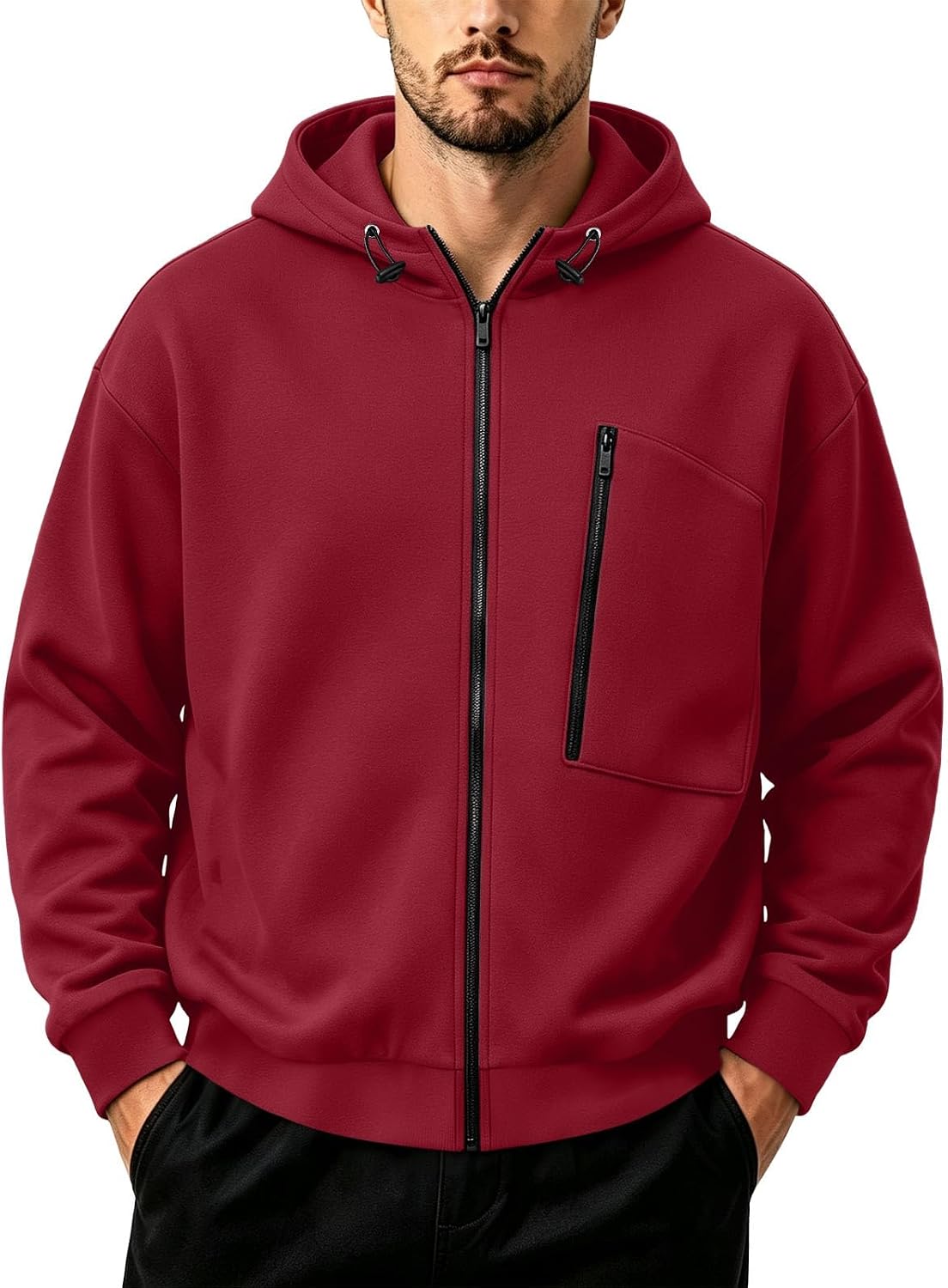 Men's Zip Up Hood Jacket Long‑Sleeve Shirt with Zipper Chest Pocket
