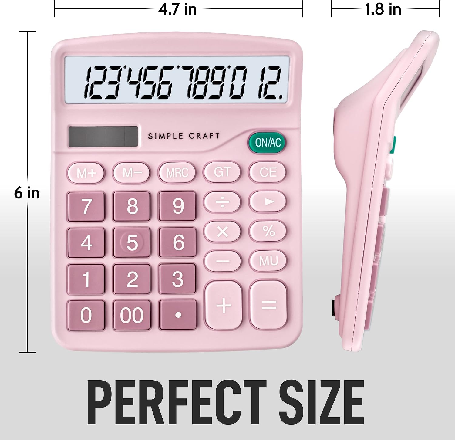 Simple Craft 12-Digit Desk Calculator Large Display 4” LCD Screen - Solar Powered Office Calculators Desktop Tool with Big Sensitive Buttons - Handheld Basic Calculator for Home and Office (Pink)