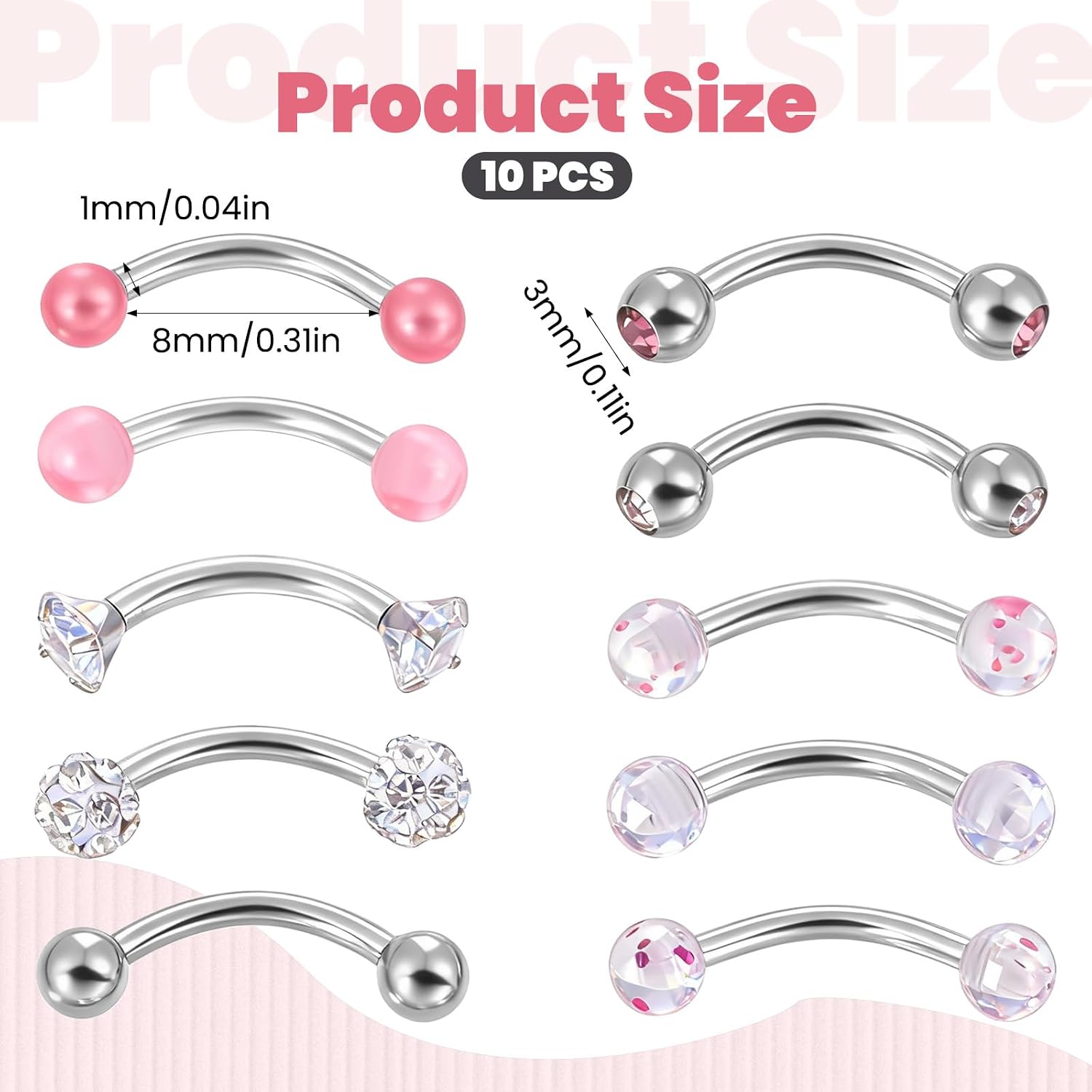 10PCS Eyebrow Piercing, 18G Snake Eyes Piercing Jewelry Tongue, Curved Barbell Eyebrow Rings, for Piercings on The Earlobe, Eyebrows, Lip and Tongue.