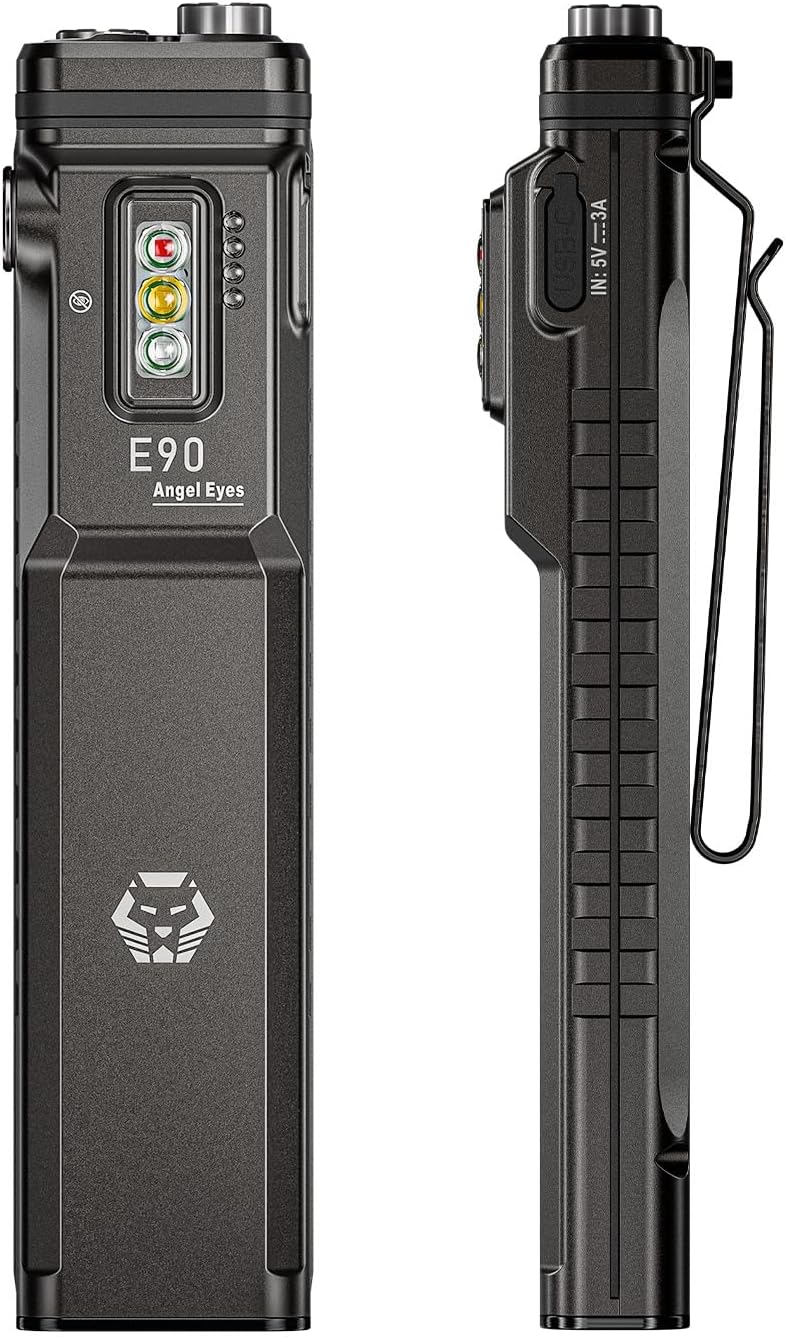 RovyVon E90 3500 Lumens EDC Flat Flashlight with Proximity Sensor, Practical Sidelights, Two-Way Clip & USB-C Charging Cable Included, IP68 Waterproof Pocket Flashlight