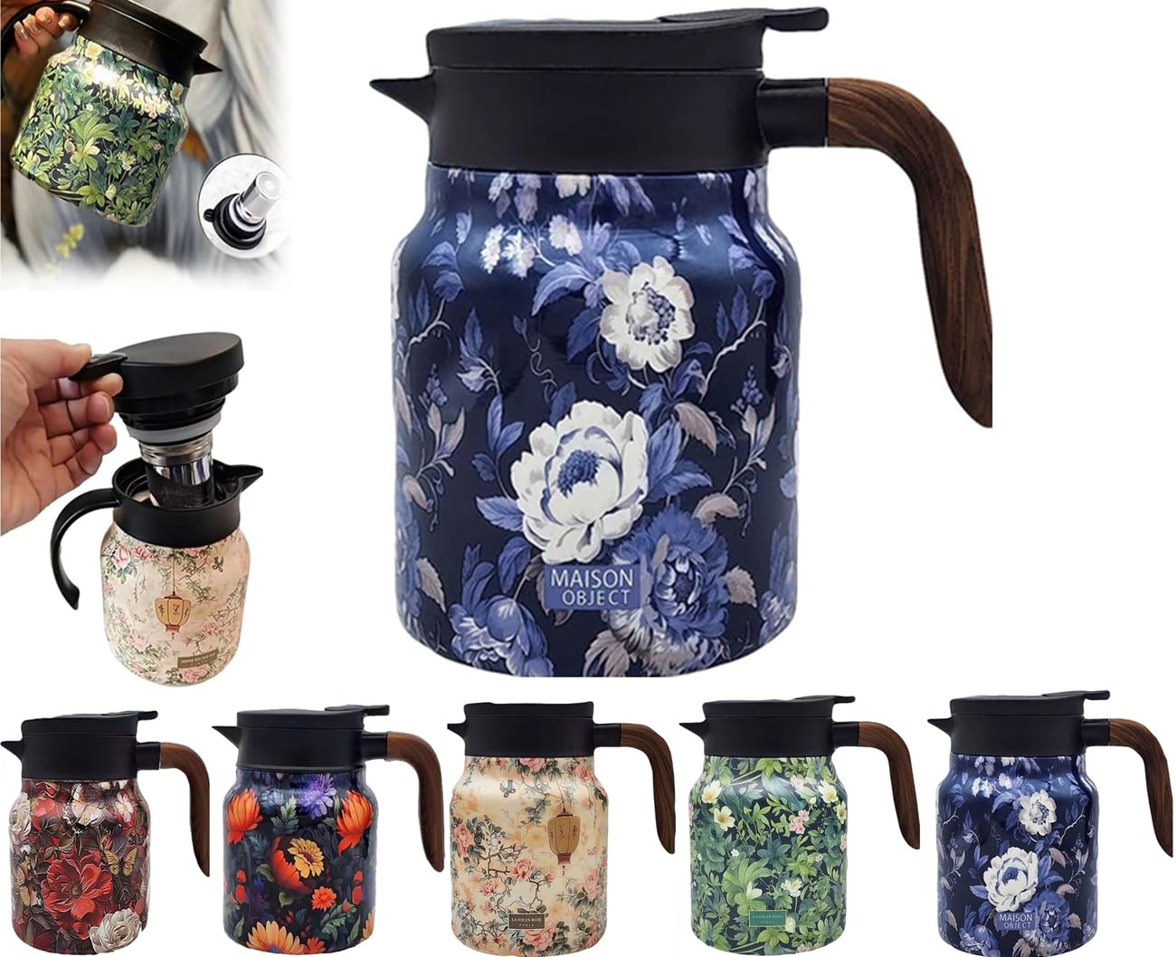 Raidley Vintage Floral Pattern Tea Thermos Vintage Floral Tea Pot With Infuser - 1000ml Stainless Steel Insulated Kettle Built-in Infuser Teapot