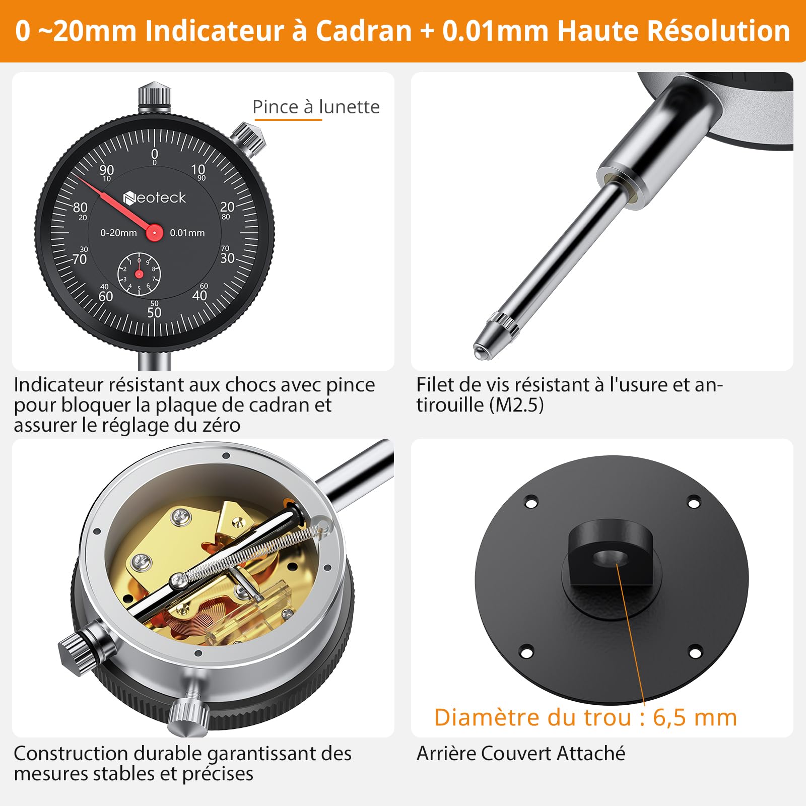 Neoteck 0-20mm Comparateur Mécanique pour Scie à Table Résolution 0.01mm avec Barre en Aluminium Anodisé Fixation à Trois Glissières Indicateur à Cadran Mécanique pour Scies Circulaires à Table-Noir