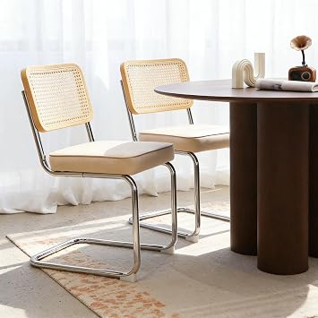 Dining Chairs Set of 2, Modern Rattan Back Chairs with Chrome Cantilever Frame & Chrome Legs, Mid-Century Upholstered Armless Side Accent Chair with Velvet Fabric Seat for Kitchen, Champagne