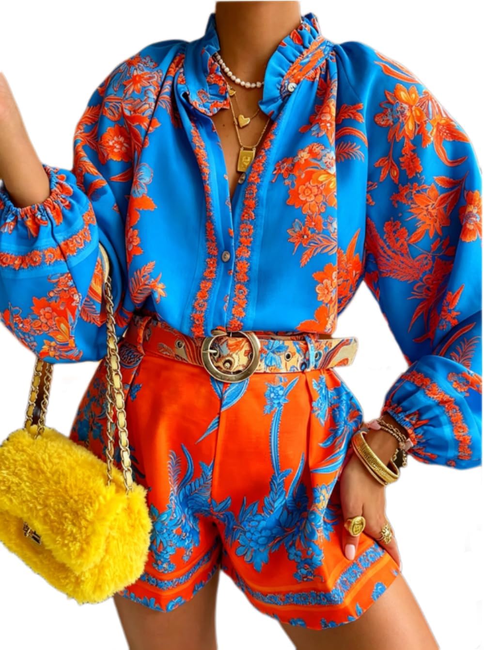 ksotutm Womens 2 Piece Outfits Boho Lantern Sleeve Button Down Floral Print Shirt Shorts Tracksuit Lounge Set Shorts Set