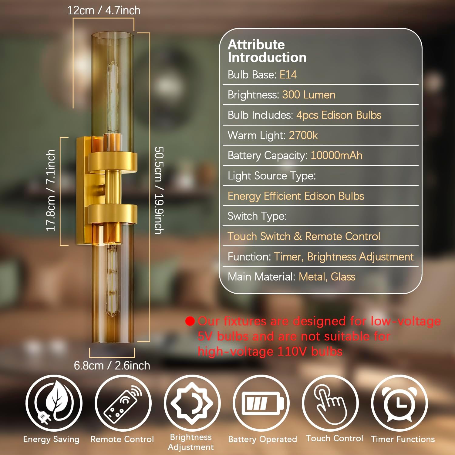 Rechargeable Wall Sconces Set of Two with Remote, Gold Battery Operated Wall Sconce with Amber Glass, Sconces Wall Decor Set of 2 Wall Light Fixtures for Bedroom Bathroom Mirror Living Room