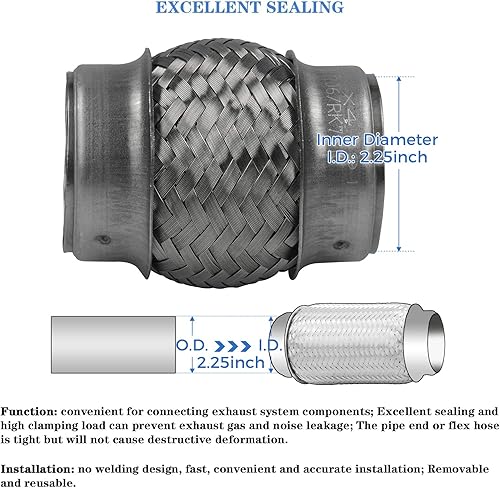 Miniatura 6 de RP Remarkable Power - tubo de escape flexible RK7543 de 2.25 x 12 pulgadas, de acero inoxidable resistente y 16 pulgadas de longitud general.