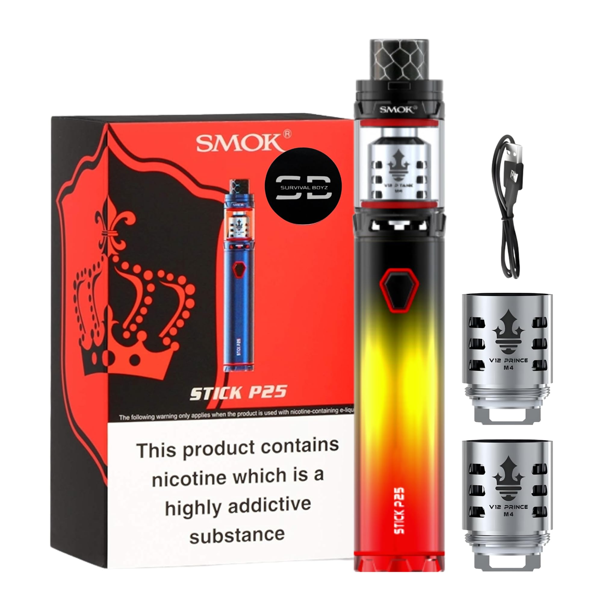 Smok Stick P25 Vape Pen Kit [Belgium Colour] - Available in 18 colours - Type-C Fast Charge, 3000mAh Battery, 8W, LED Indicator - Compatible with TFV12 P-Tank - No Nicotine