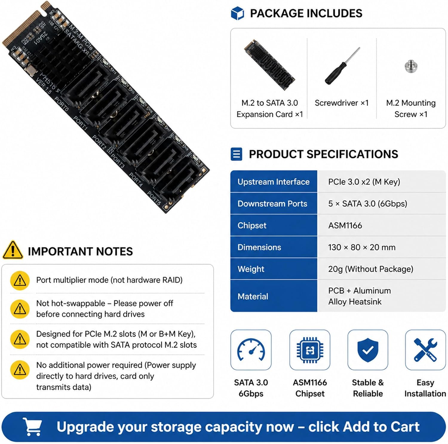M.2 to SATA Adapter, 6-Port PCIe SATA Expansion Card with ASM1166 | Add 6 SATA drives from an M.2 PCIe slot with ASM1166, heatsink, LED status and plug-and-play setup