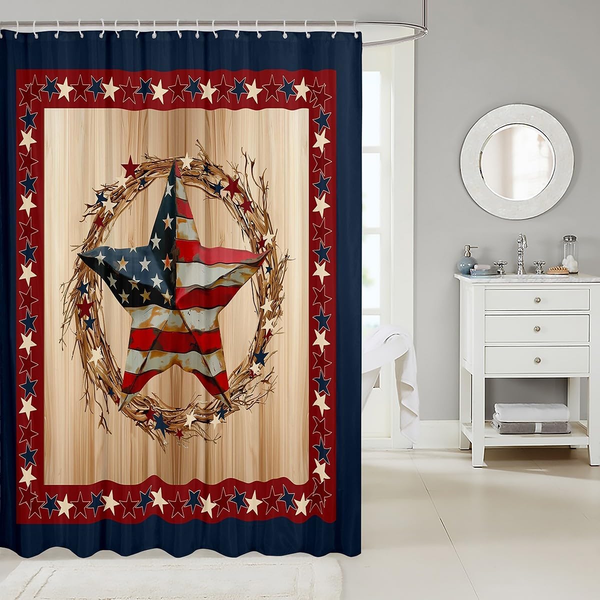 Castle Fairy Retro Star American Flag Shower Curtains Red Navy Blue Plaid Vintage Decor Bath Curtains for Bathtub Wooden Stripes Rustic Farmhouse Bathroom Curtains with 12 Hooks 72" W x 78" L