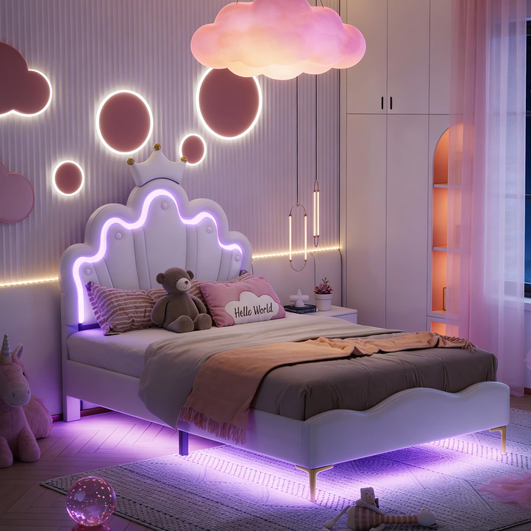BRILVERDE Cama de Niña 90x200 con LED, Cama Princesa con cabecera coronada, Marco con somier de láminas, para niñas, para niños y adolescentes, PU (blanco, 90x200 cm)