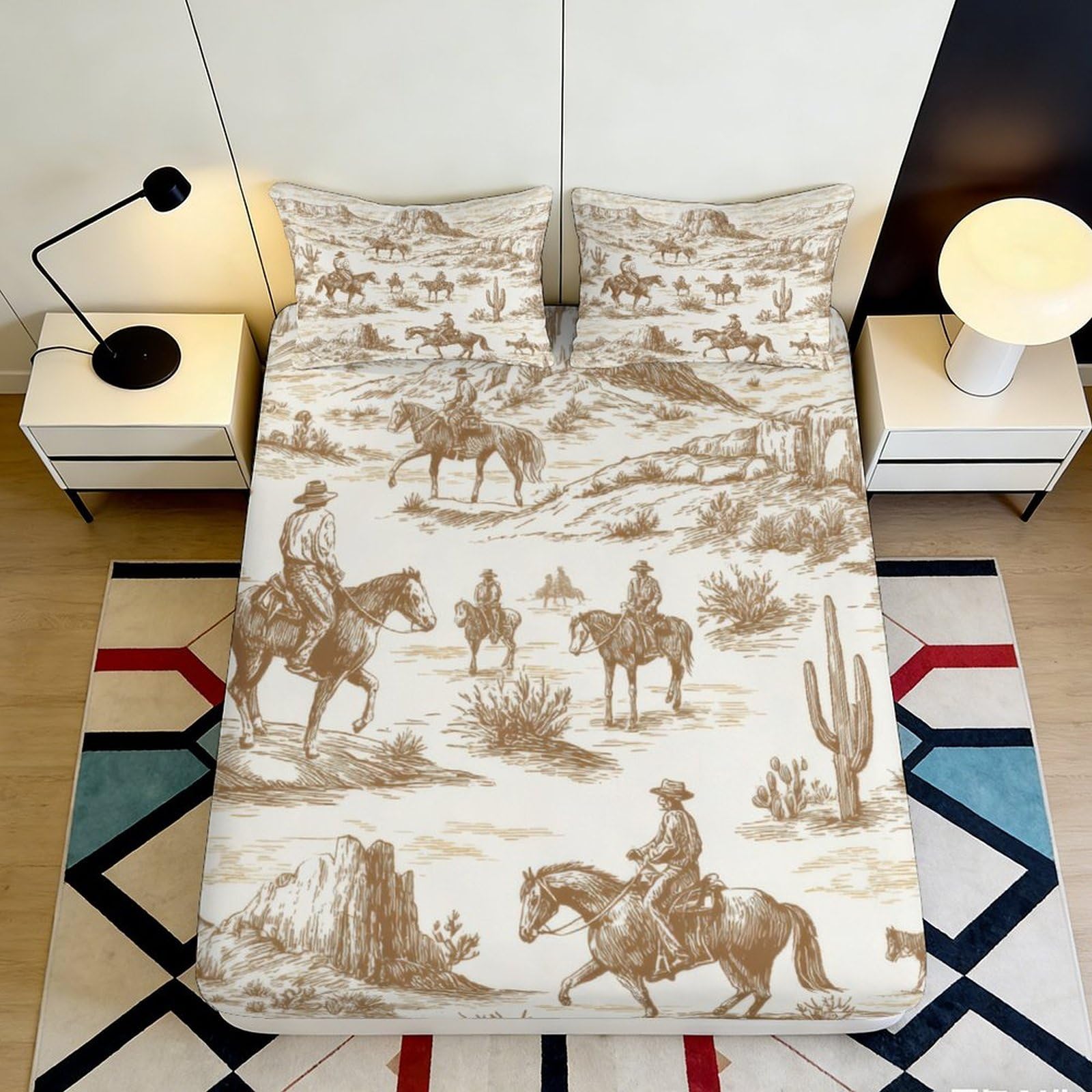 3D Printed Western Cowboy Fitted Sheet Microfiber Soft Anti-Slip Cactus Ranch Mattress Cover Bedroom Decor 90x200x25cm