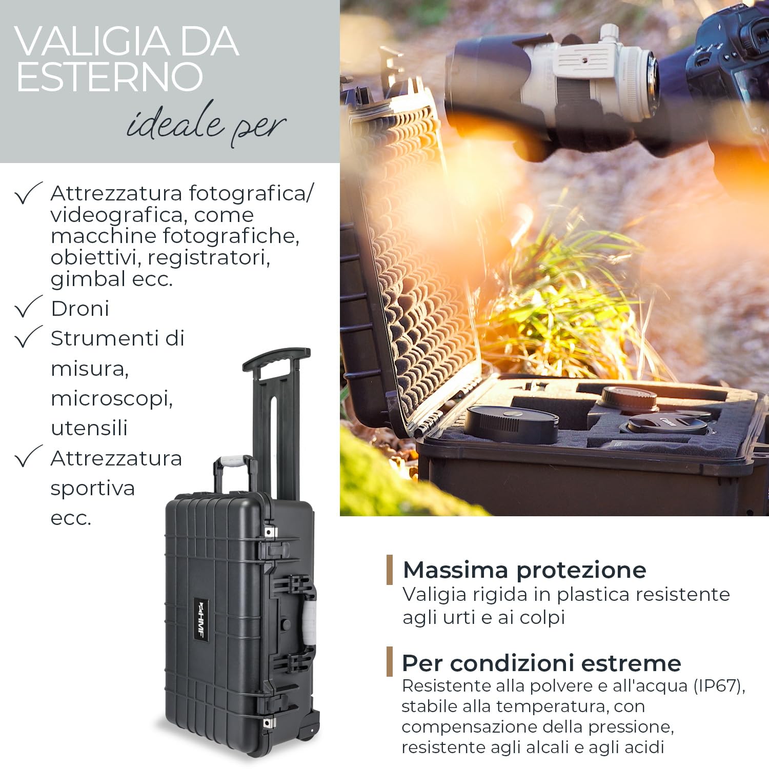 HMF ODK400 - Valigetta per macchina fotografica per esterni, con schiuma a griglia, 56 x 34,5 x 23 cm, Nero