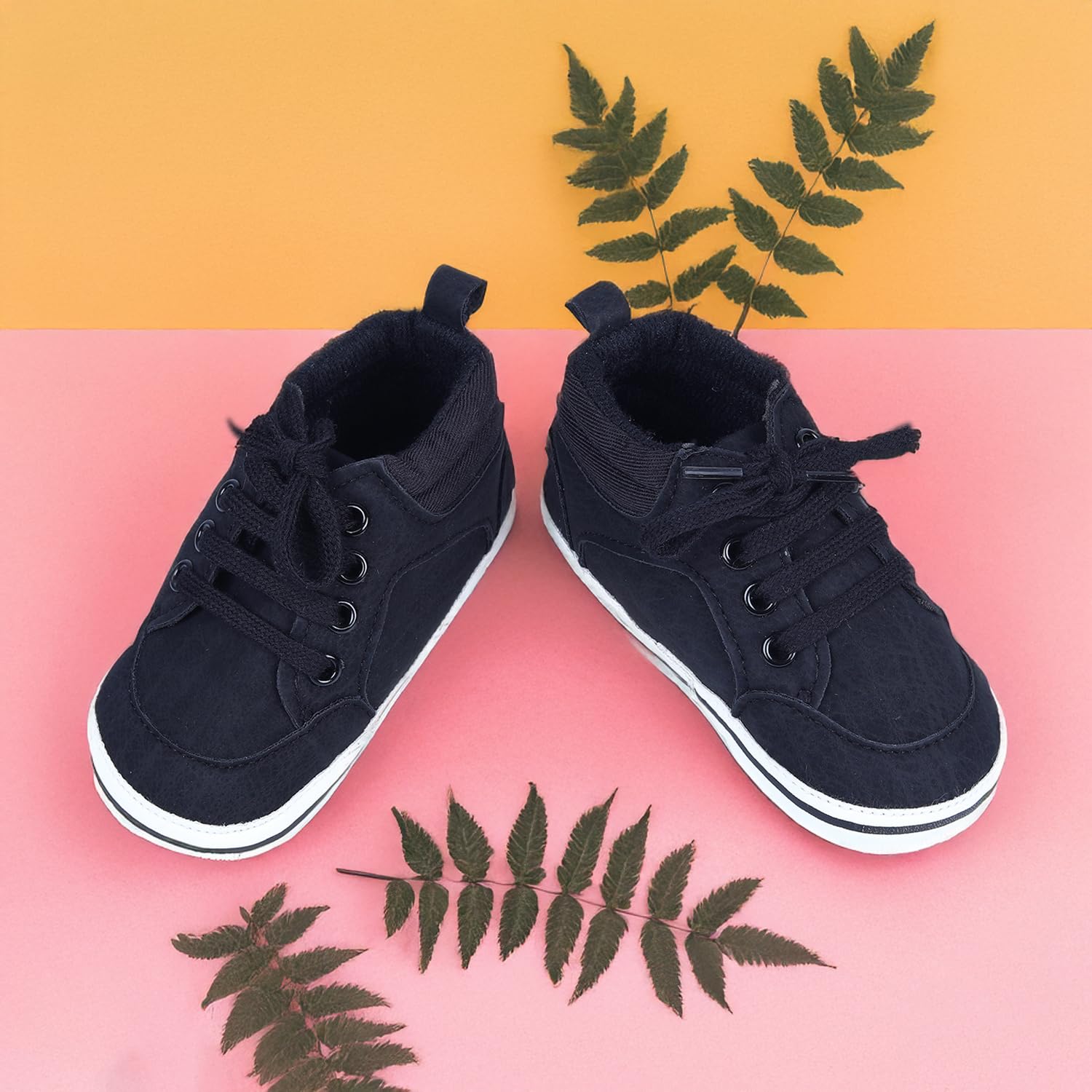 BabyMoo Textured Leather Lace-Up Stylish Toddler Anti-Slip Sneaker Shoes - Black_9-15M-image-2