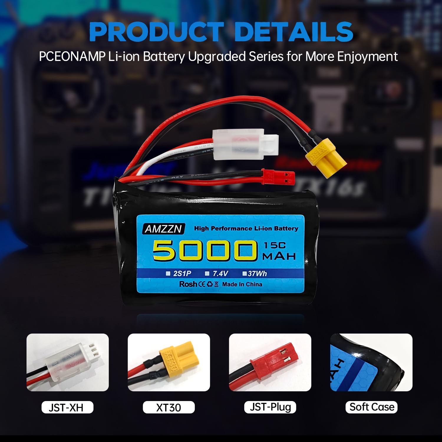 Amazon.com: AMZZN 2PCS 7.4V 5000mAh 2S Li-ion Battery with JST