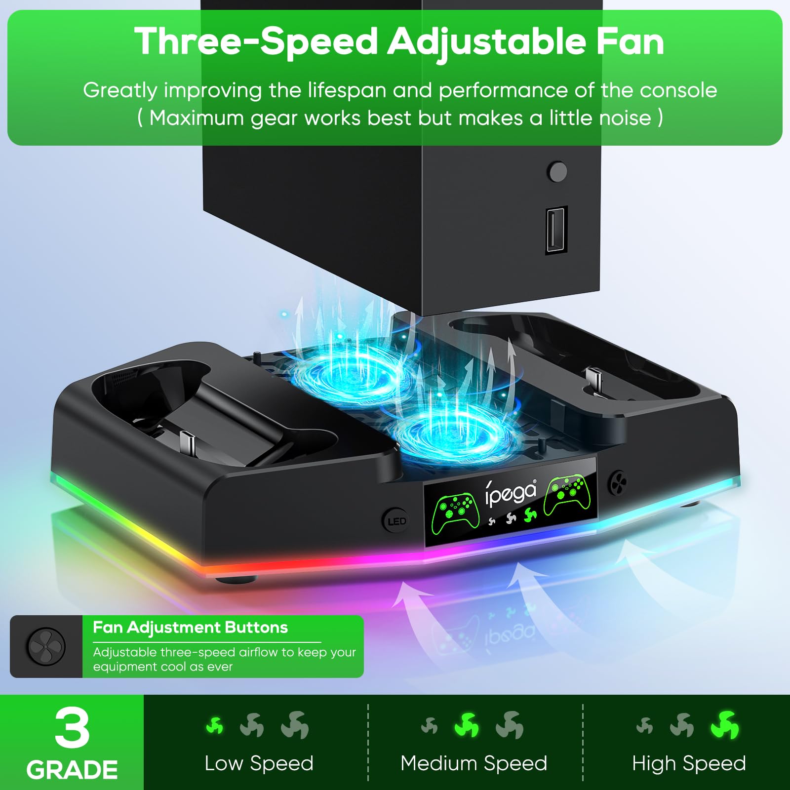 FYOUNG Supporto verticale per caricabatterie e stazione di raffreddamento per Xbox Series S, dock di ricarica controller di aggiornamento con luce 15 RGB, sistema di ventola di raffreddamento, 2