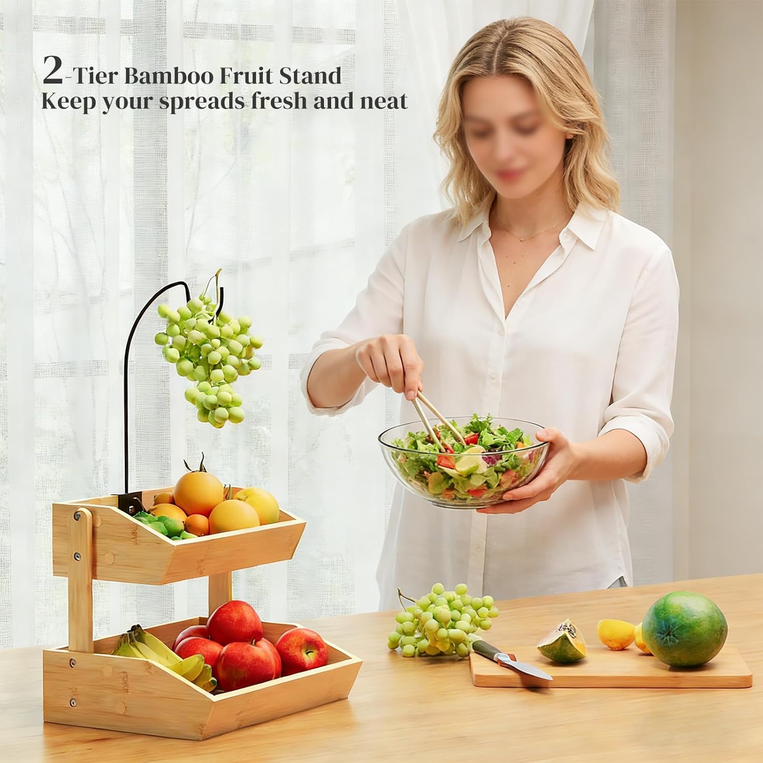 Bamboo Fruit Basket, Fruit Holder With Banana Hanger, Fruit Bowl, Kitchen Counter For Fruit and Vegetable Storage, Bread Basket, Snack Organizer Holds (Natural, 2-Tier)