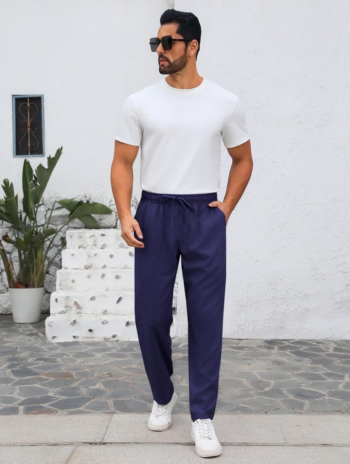 Makkrom Mens Casual Pants Drawstring Elastic Waist Lightweight Linen Pants Loose Fit Summer Beach Yoga Trousers - Image 6