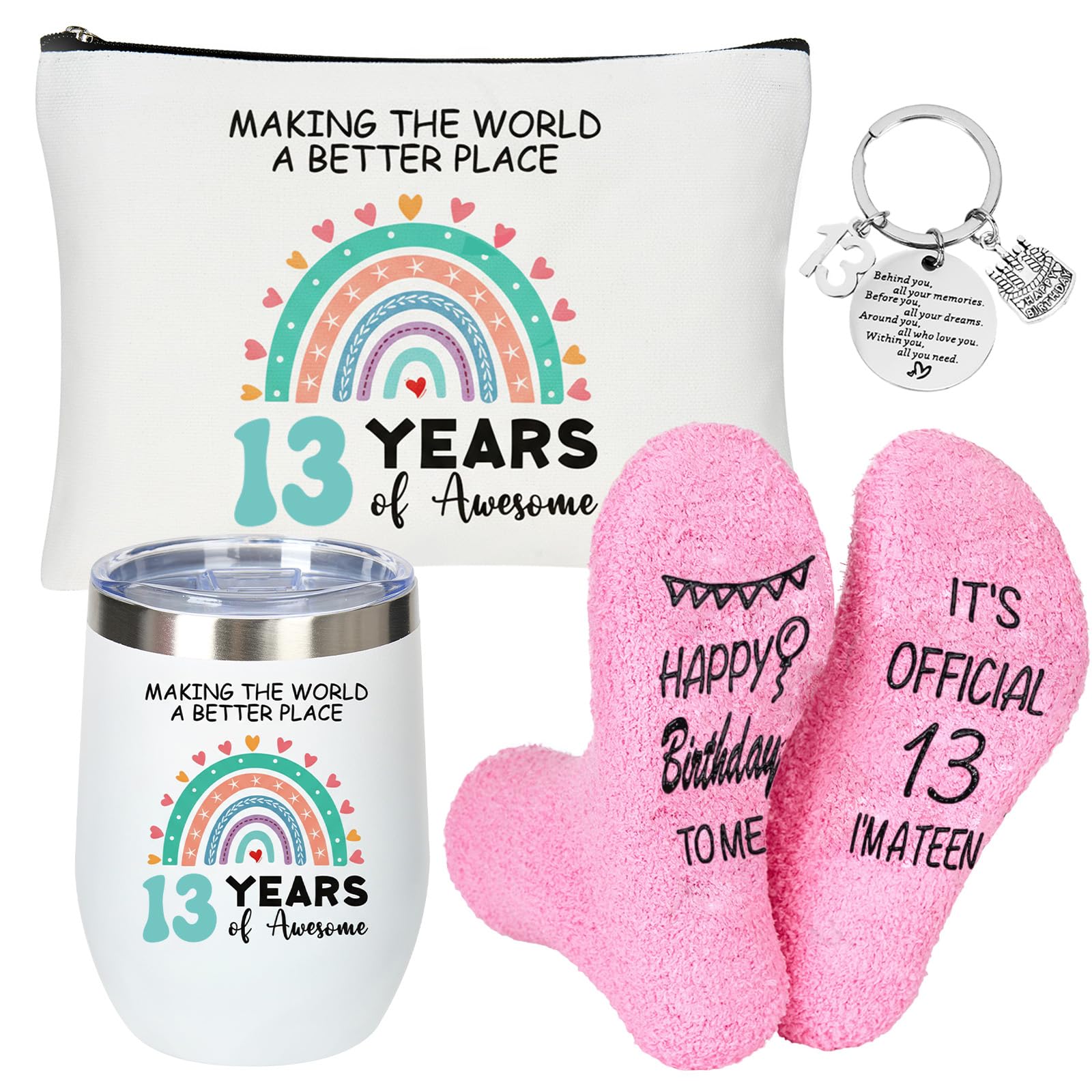 Chovbe 13th Birthday Gifts for Girls | Makeup Bag, Insulated Tumbler, Keyring & Socks Set | Birthday Presents for 13 Year Old Girls for Daughter, Niece, Sister or Best Friend