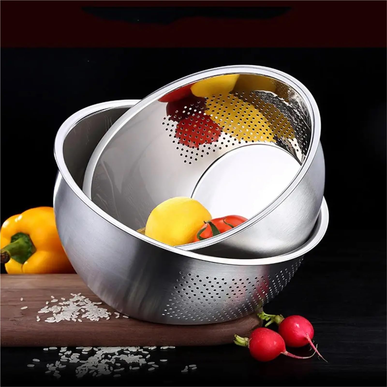 Colador De Arroz De Acero Inoxidable Colador de cocina, colador acero inoxidable, lavadora arroz, cuencos for lavar frutas y verduras for limpiar, herramientas(26cm)