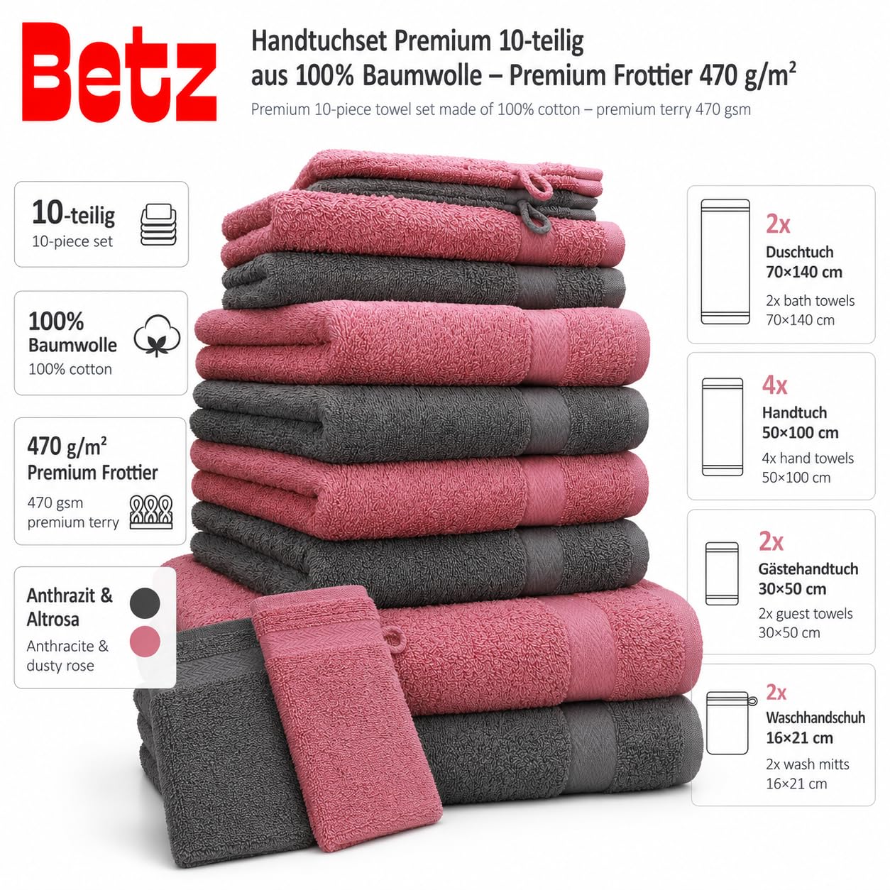 Betz set di 10 asciugamani Premium 100% cotone 2 teli doccia 4 asciugamani 2 asciugamani per ospiti 2 guanti da bagno colore antracide e rosa antico