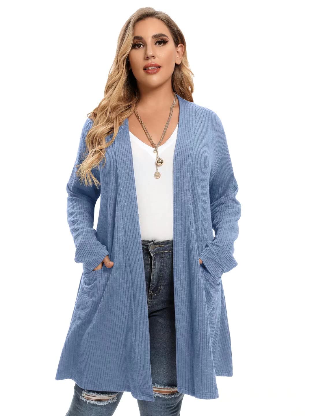 LARACEOpen Front Knit Cardigan Sweaters for Women Plus Size Long Sleeve Tops with Pockets Lightweight for Winter