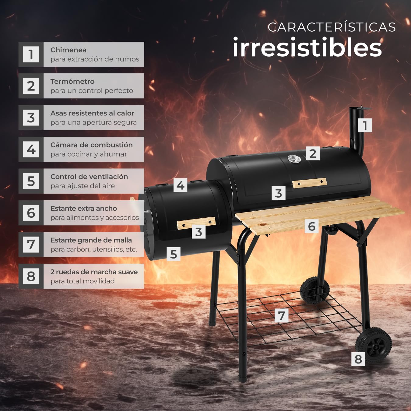TecTake® Barbacoa de Carbón con Ahumador y Ruedas, Parrilla Acero Inoxidable, Termómetro Incorporado, Estructura Estable Móvil, BBQ Grill Exterior Grande con Tapa, Asador para Jardín, Camping