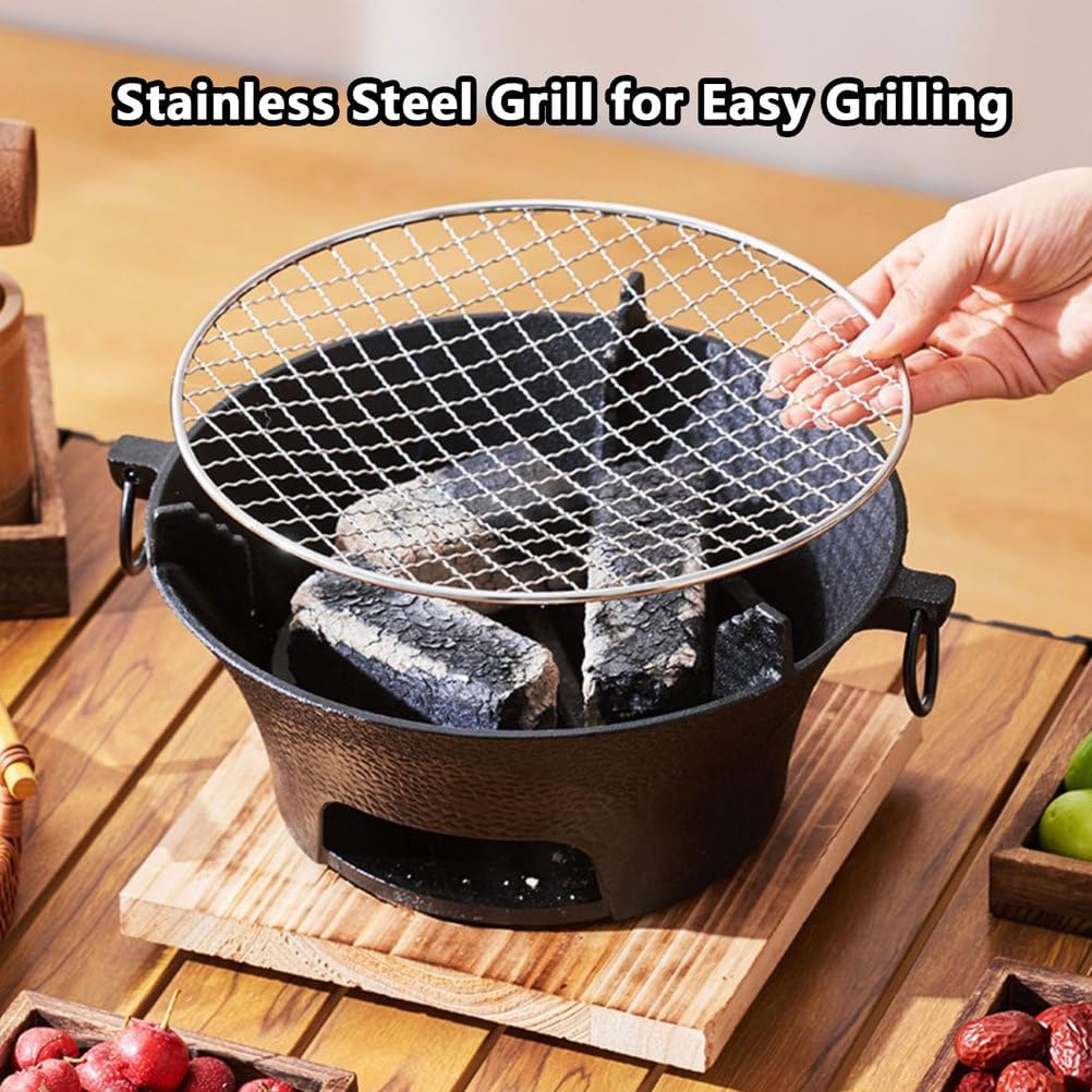AIZYR Mini BBQ Grill, Portable Charcoal Stove Korean Tabletop Grill Barbecue Grill with Wooden Base for Outdoor Party Camping Picnics,26cm