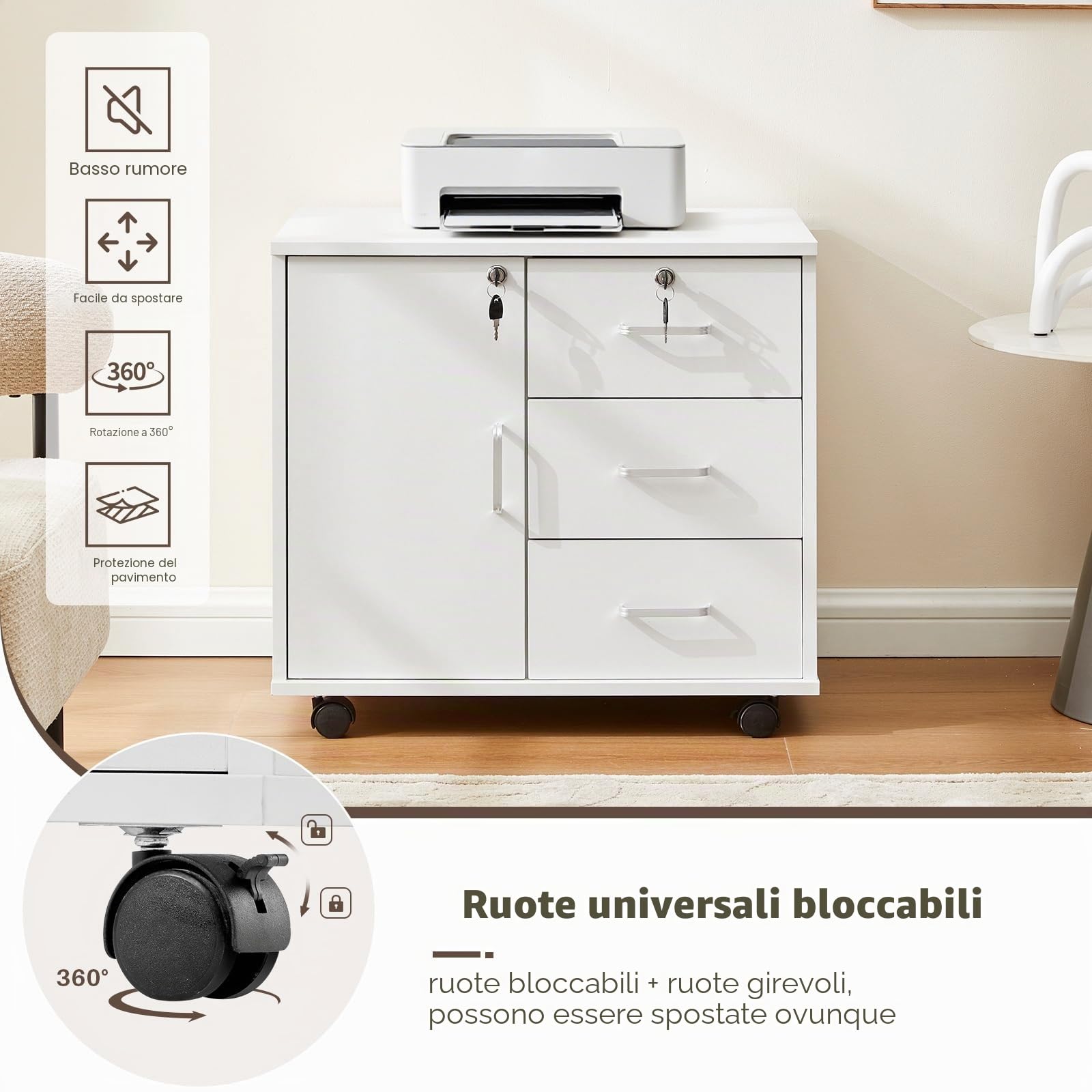 TUKAILAI Cassettiera con ruote richiudibile, mobile con 3 cassetti e armadio, 4 ruote, per ufficio e casa, bianco