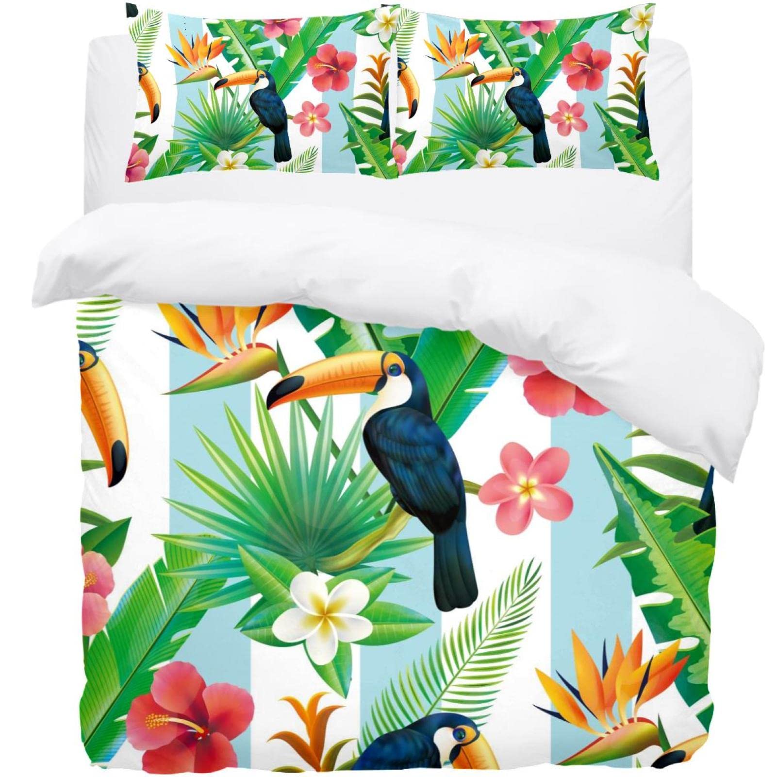 Housse de couette tropicale rose et 2 taies d'oreiller Rainforest Toucan