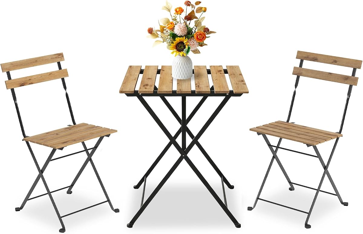 GarveeLife Juego de bistró para patio de 3 piezas, juego de muebles de patio, madera | Juego de 2 mesas y sillas plegables para patio, estructura metálica, para balcón, jardín y jardín