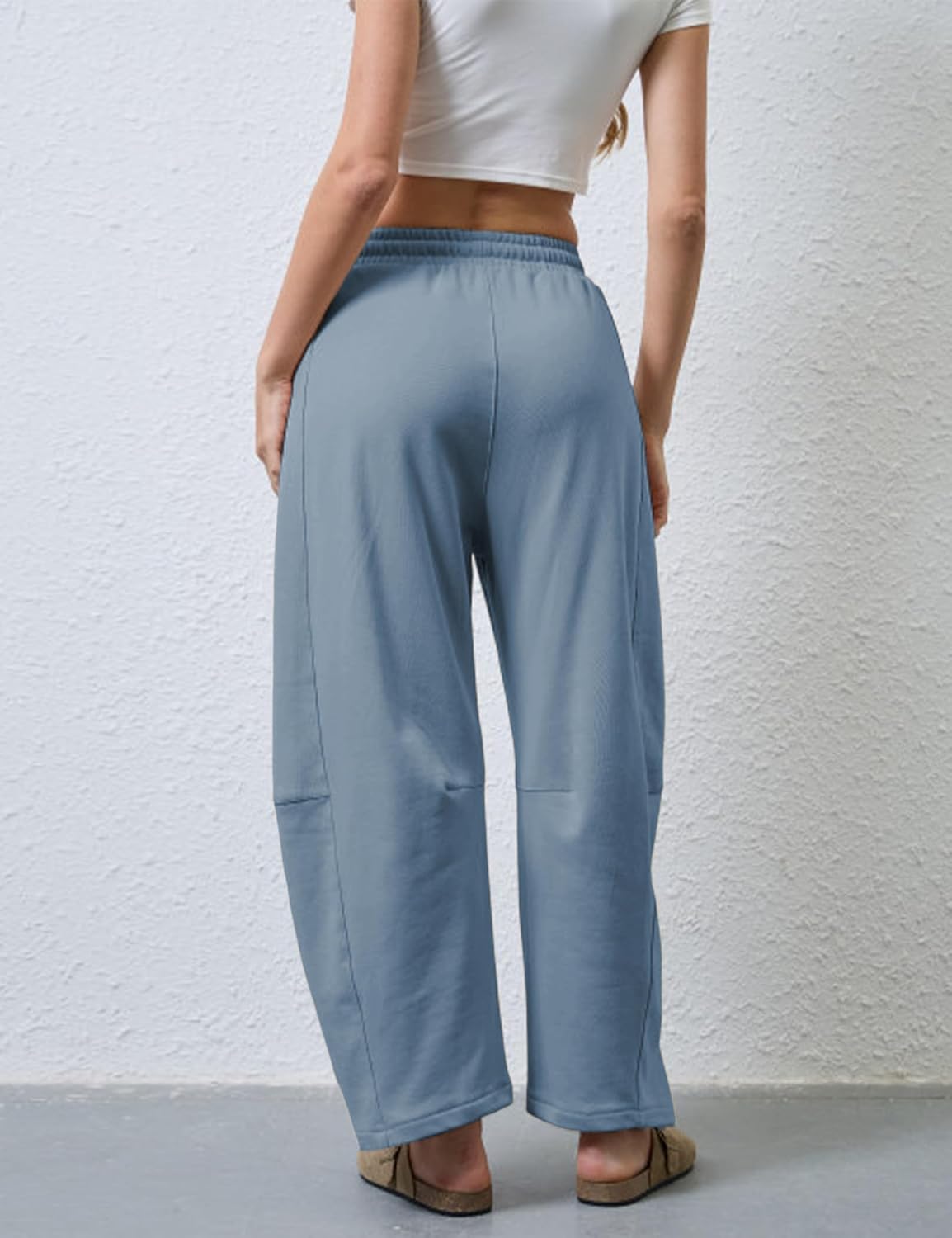 SeekMe Women's Barrel Leg Sweatpant Drawstring Elastic Waisted Wide Leg Pants Casual Cotton Palazzo Trousers with Pockets - Image 3