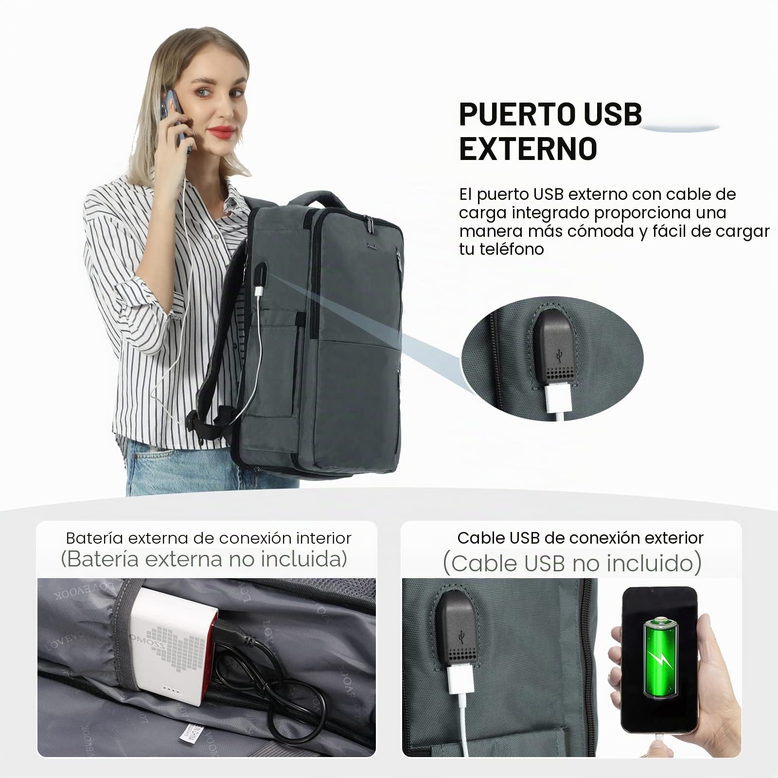LOVEVOOK Mochila equipaje de mano, mochila de viaje extraíble ligera con compartimento para zapatos, mochila impermeable para portátil de 17 pulgadas, cabina máx. 55 x 40 x 20 cm, mochila para avión,