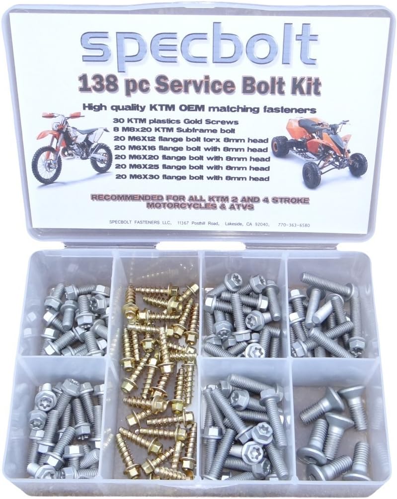 138pc Specbolt KTM Bolt Kit for Maintenance, Restoration, and Service Departments SX EXC XC XC-W 2 Strokes: 50 60 65 85 105 125 250 300 & SXF EXC-F XCF-W 4 Strokes: 250 350 400 450 500 520 620 640