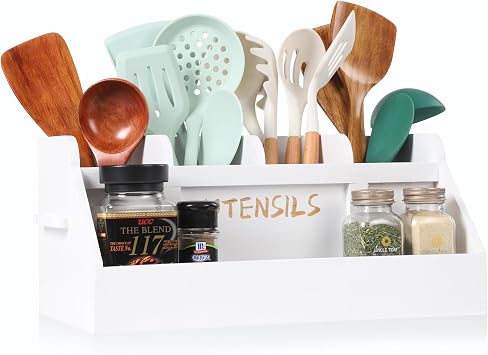 Innovation Kitchen Utensil Holder for Countertop with 5 Compartments, Utensil Organizer with Handles, Wood Extra Large Utensil Holder for Kitchen Countertop, WhiteUtensils Not Included