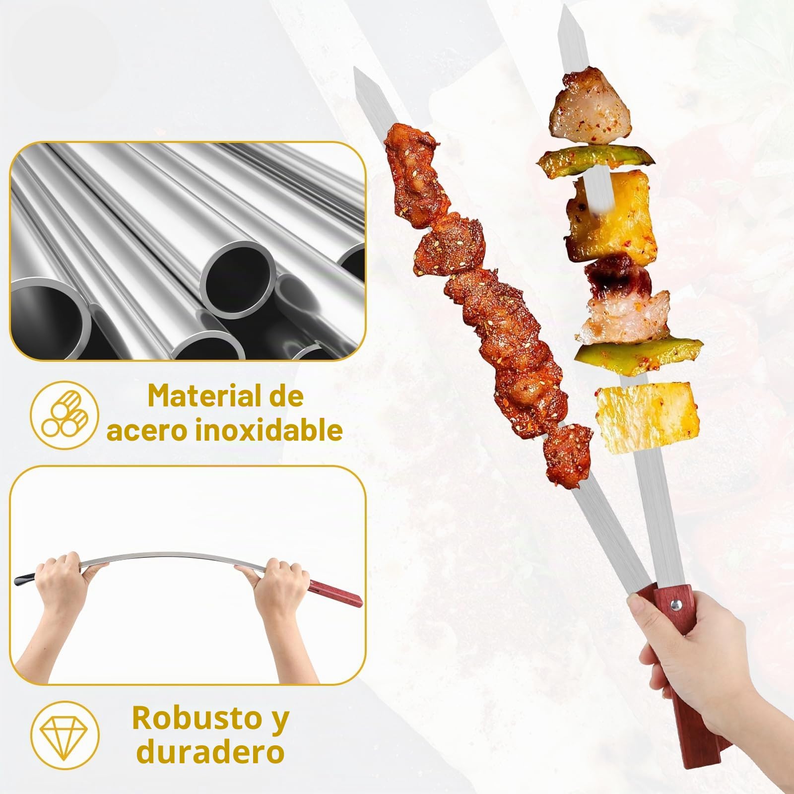 LALAGO 10brocheta planas de acero inoxidable, 59,4 cm, Adana y para barbacoa, extralargas, pinchos para carne, accesorios