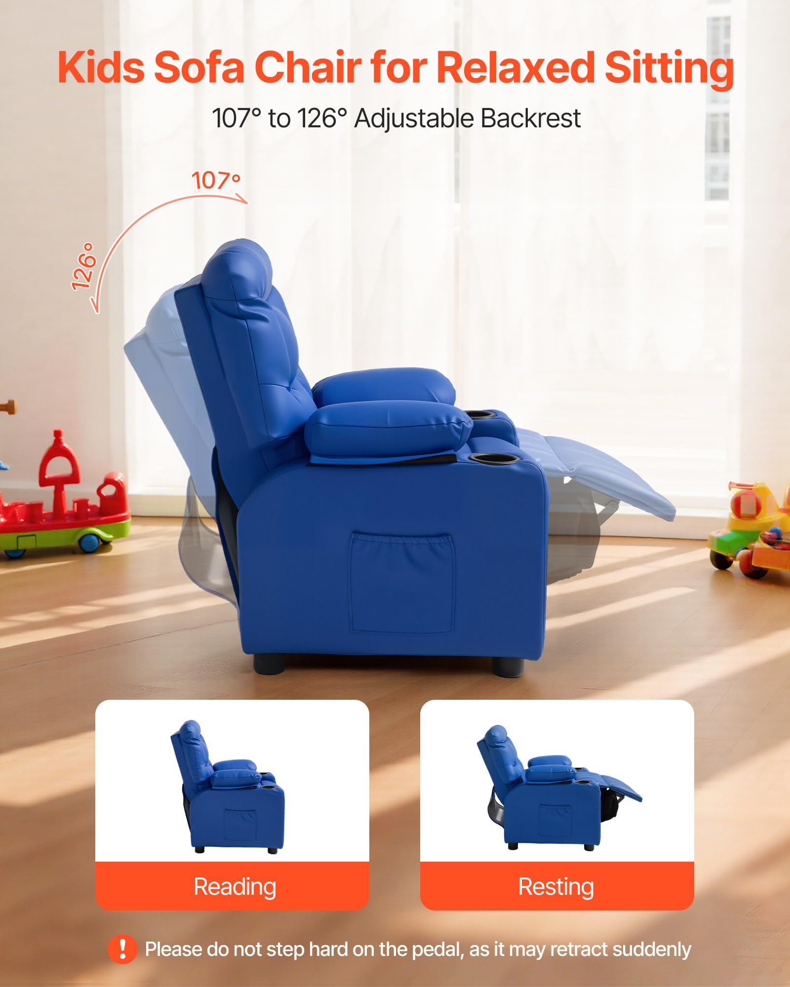 VEVOR Kids Reclining Chair, Toddler Recliner with Cup Holders and Pockets, 107° to 126° Adjustable Backrest, Easy-to-Clean PU Leather Recliner Couch with Footrest, for Boys & Girls, Children (Blue)