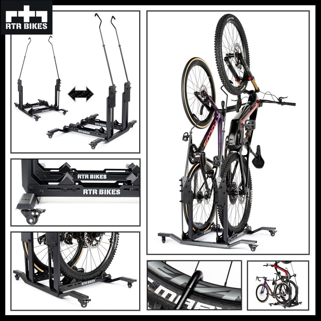 RTR BIKES Double Up Support Vélo Sol Vertical pour 2 Vélos - Râtelier Mobile sur Roulettes - Charge 60kg (2x30kg) idéal VTT & VAE - Gain de Place 0,5m² - Sans Perçage - Made in EU