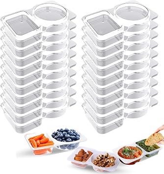 Reusable Snack Pack Containers - Double Compartment Snack Containers, Portable Thickened and Reusable Snacks Packs, 2 Compartment Hinged Lid Clear Plastic Portion Cups 20pack