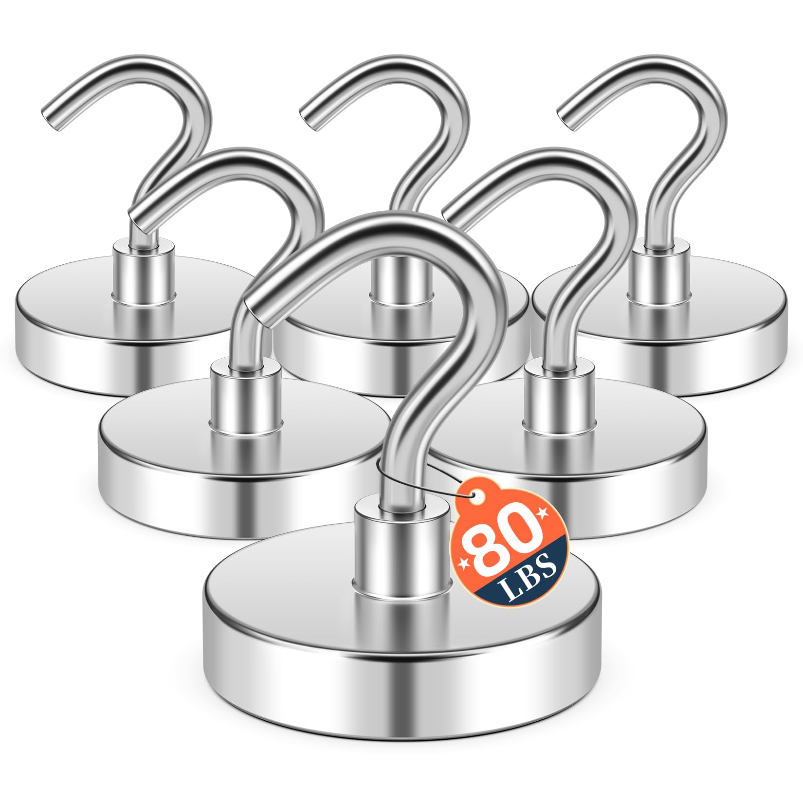 FINDMAG 6 Pack Silver Magnetic Hooks for Cruise Cabins, 80LB+ Magnet Hooks