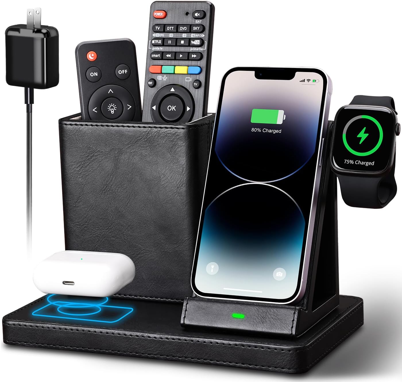 KINGFOM Wireless Charging Station, PU Leather 4 in 1 Use Wireless Charger Stand for iPhone 15 14 13 12 11Pro Max XR XS 8 Plus, for Apple Watch & AirPods with Desk Organizer Black (Black)