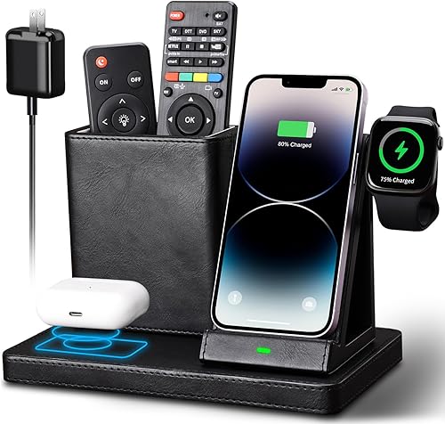KINGFOM Estación de carga inalámbrica, piel sintética 4 en 1, soporte de cargador inalámbrico para iPhone 15, 14, 13, 12, 11Pro Max XR XS 8 Plus,