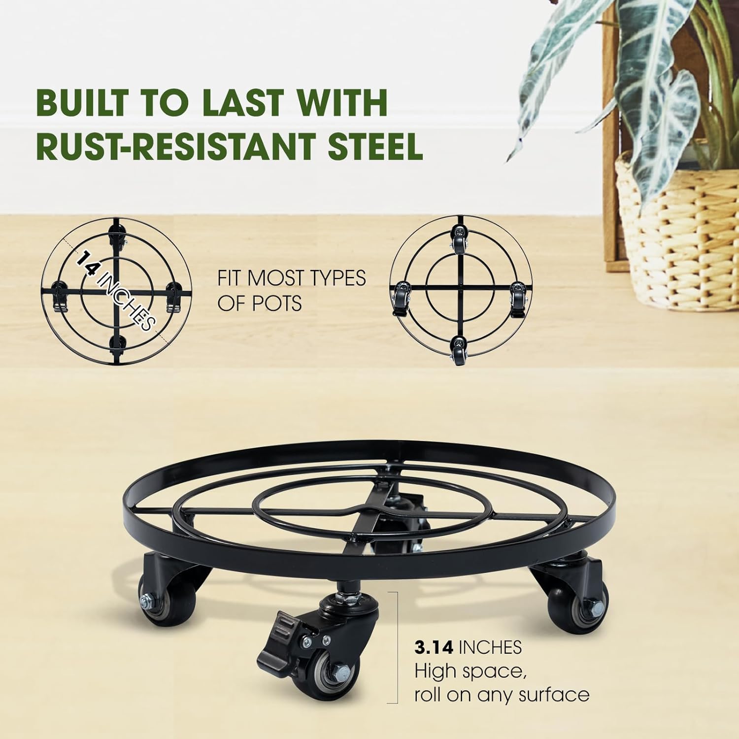 Idzo Upgraded Lockable Heavy Duty Trolley Capacity 385lbs, 12 Inch, Black, Large Plant Pots, Parasol Stands and Bases or Plant Stand with Wheels