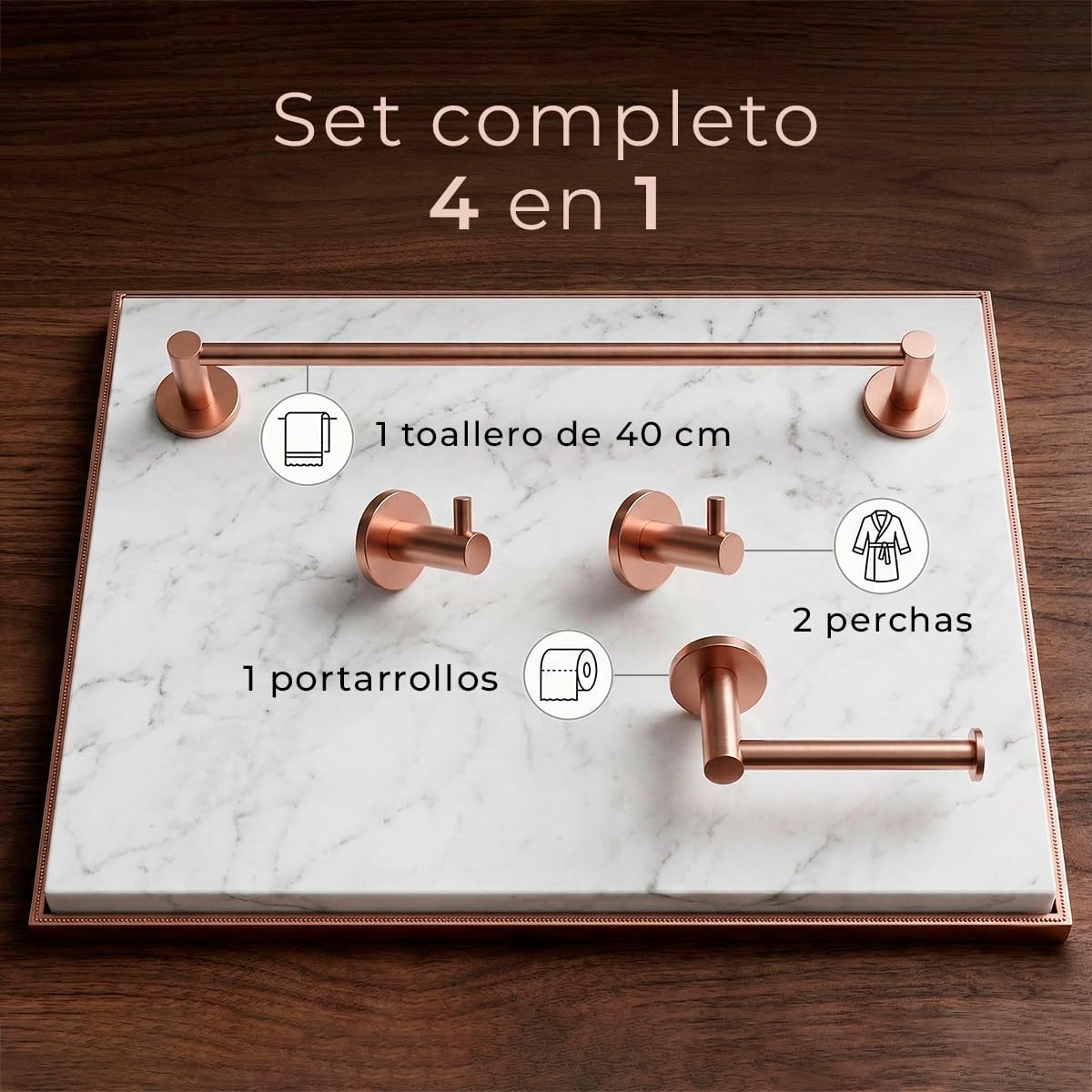 Set de 4 Accesorios de Baño Acero Inoxidable Piezas Premium - Toallero 40 Cm, Portarrollos y 2 Perchas - Color Oro Rosa Cepillado con Acabado PVD y Doble Fijación - The Bath Point